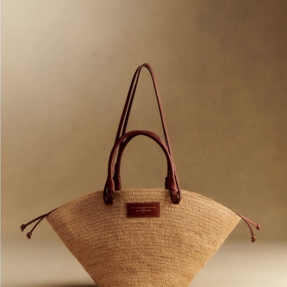 NWT - Sézane Justine Basket Bag  Natural Raffia Woven Tote with Brown Handles